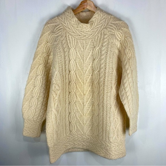 Susann D Mohair Wool Shetland Chunky Cable Knit Mock Neck Pullover Sweater Large - Picture 1 of 4